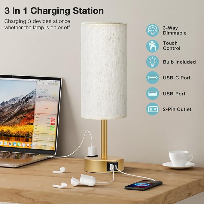 Fenmzee Gold Nightstand Bedroom Lamp - 3 Way Dimmable Bedside Lamp USB C A Charging Ports and AC Outlet, Small Table Lamp Linen Lampshade for Office Desk, LED Bulb Included - Bloomnest
