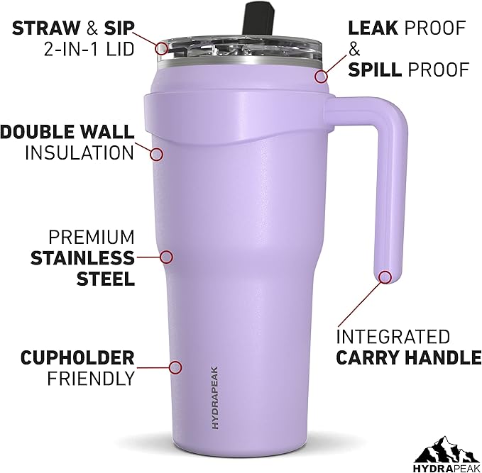 Hydrapeak Roadster 40oz Stainless Steel Tumbler Double Wall Vacuum Insulated Water Bottle With Handle And 2 in 1 Straw Lid (Lavender) - Bloomnest