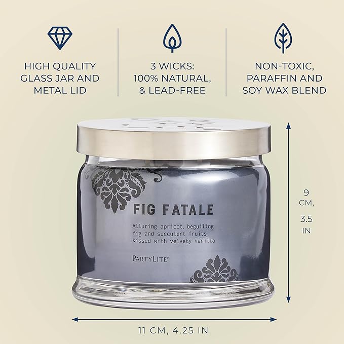 PartyLite Fig Fatale Scented, Notes of Apricot, Green Fig, Peach, Mango, Strawberry and Vanilla,13.2oz 3-Wick Jar Candle, 45 Hour Burn Time, Luxurious Fragrance, Perfect for Gifting - Bloomnest
