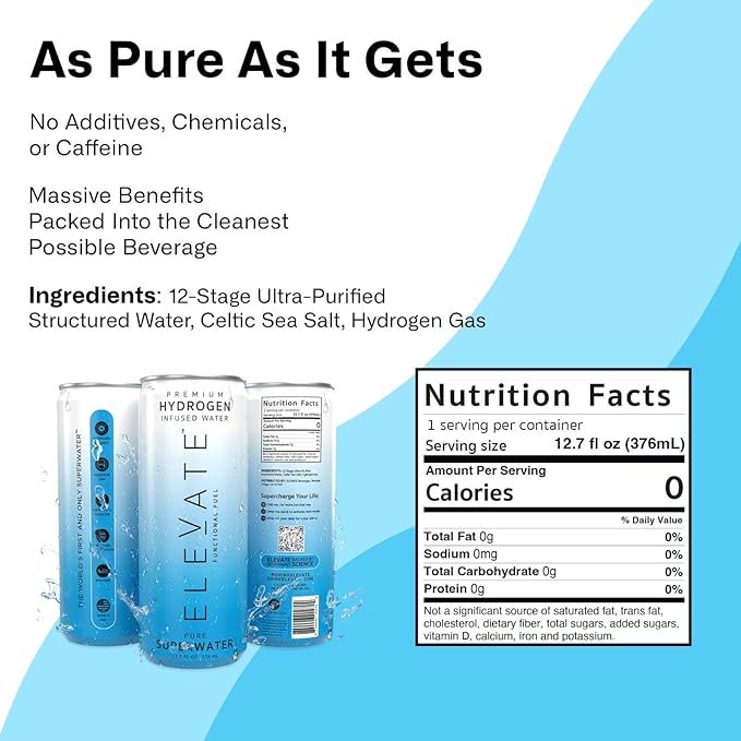ELEVATE SUPERWATER Premium Hydrogen Water (24 pack). Highest Hydrogen (3-5 PPM) and Lowest -650 ORP. Supports Recovery, Energy, Hydration, Focus, and Endurance. BACKED BY SCIENCE. - Bloomnest