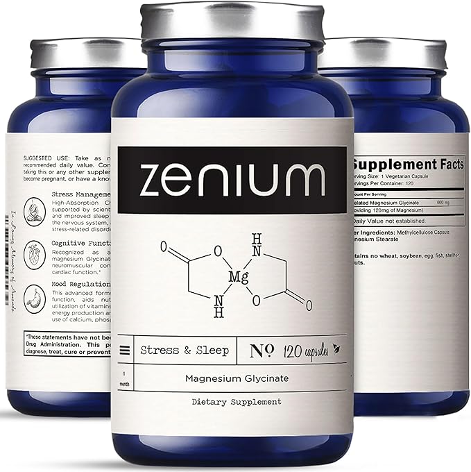 Zenium - Magnesium Glycinate for Sleep, Chelated, 600mg per Serving, 120 Capsules | High Absorption | Relieve Stress, Tension, Worry & Irritability | Calm Mind & Body | Ayurvedic | Natural Supplement - Bloomnest