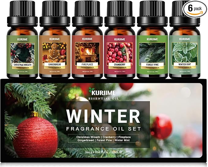 Essential Oils Set, Winter Scents Fragrance Oil Essential Oils for Diffusers for Home - Christmas Wreath, Gingerbread, Fireplace, Cranberry, Forest Pine, Winter Mint Scented Oil, 6x10ml - Bloomnest