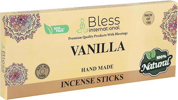Bless-Vanilla 100%-Natural-Handmade-Hand-Dipped-Incense-Sticks Organic-Chemicals-Charcoal-Free Purification-Relaxation-Positivity-Yoga-Meditation Best-Woods-Scent (100 Sticks(5.25 OZ)) BlessInternational