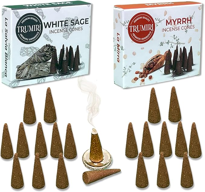 TRUMIRI Incense Cones - Combo Pack of 20 Cone Incense - 10 White Sage + 10 Myrrh TRUMIRI