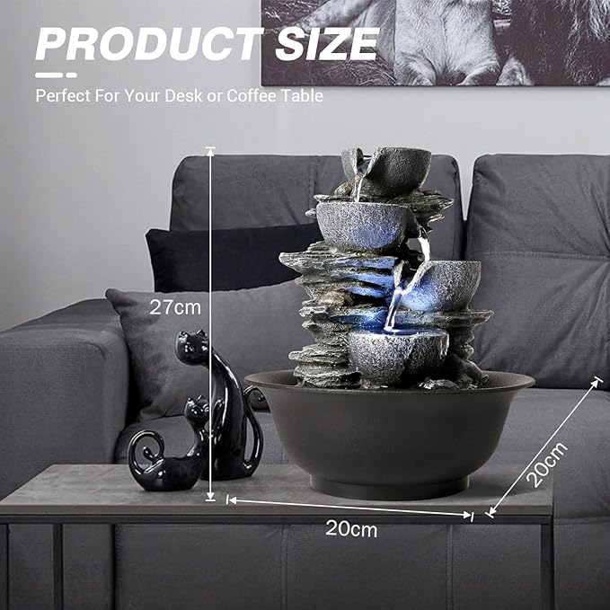 WICHEMI Indoor Water Fountain Tabletop Fountains Waterfall Fountain Indoor Water Feature Feng Shui Zen Meditation Cascading Desktop Fountains with LED Light for Home Office Indoor Decor (Style 15)