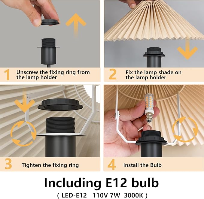 KUNJOULAM Small Pleated Table Lamp, Bedside Nightstand Lamp with Beige Lampshade Black Base, Morden Mini Lamp for Bedroom Home Office Decor, E12 Bulb Included - Bloomnest
