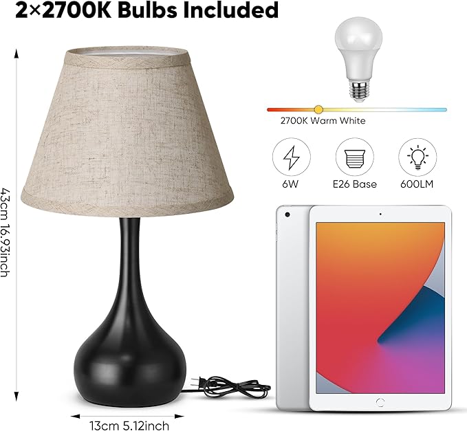 Touch Table Lamp for Bedroom Set of 2, 3-Way Dimmable Bedside Lamp for Nightstand, 17” Farmhouse Metal Desk Lamp with Linen Shade for Living Room, Kids Reading, Dorm, Home Office Decor, Bulb Included - Bloomnest