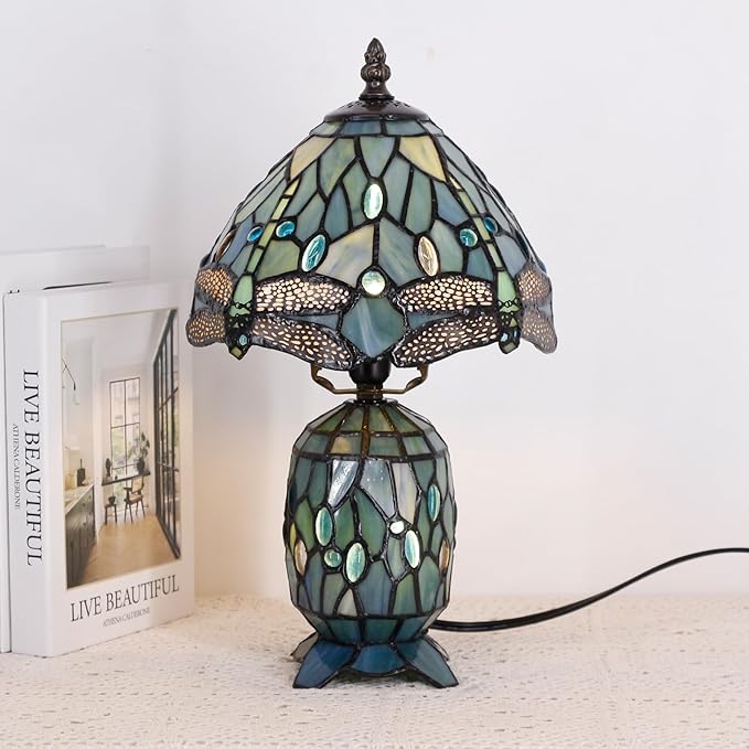 Small Tiffany Lamp Stained Glass Table Lamp Mini Mother Daughter Vase Desk Accent Light for Bedroom Bedside Reading Home Antique Style Decor 8X14 Inches (Sea Blue Dragonfly) - Bloomnest