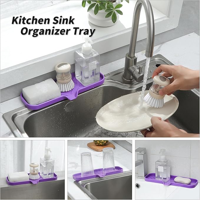Silicone Bathroom Soap Dishes with Drain Spout-Bathroom and Kitchen Sink Organizer,Sponge Holder,Dish Soap Tray,Perfect for Dispenser,Scrubber,Bottle,Cup on Sink or Counter-Purple 12"×4" - Bloomnest