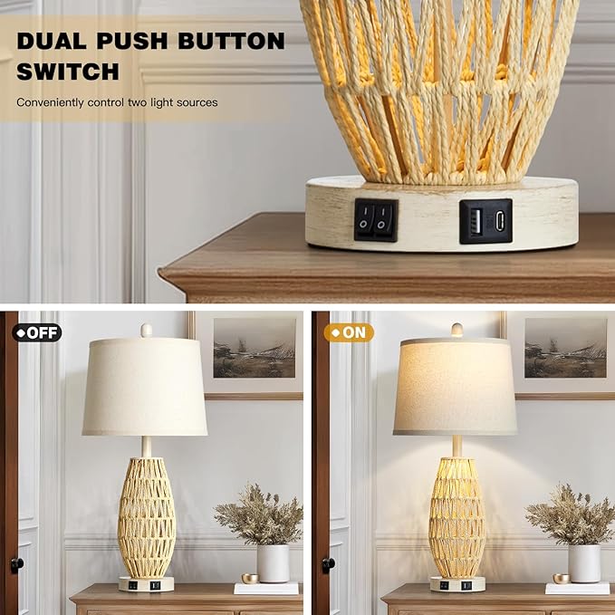 27“ Beige Rattan Table Lamps with Night Light, Boho Bedside Lamps Set of 2, Woven Wicker Bedroom Lamp for Nightstand with USB A+C Charging Port & AC Outlet, Tall Coastal Living Room Lamp - Bloomnest