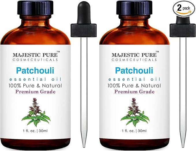 Majestic Pure Essential Oil with Glass Dropper - 100% Pure and Natural - Essential Oils for Diffuser, Aromatherapy, Soap and Candle Making, Patchouli Essential Oil, Patchouli Oil, 1 Fl Oz (Pack of 2) - Bloomnest