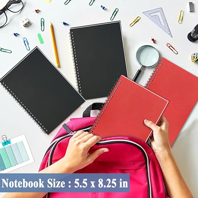 4Pack Small Spiral Notebook A5, 8.25x5.5” 120 Lined Pages Black & Red Wide Ruled Spiral Journal Bulk Blank Kraft Cover Spiral Bound Notebook & Writing Pads for Home Office Meeting Work Note Taking - Bloomnest