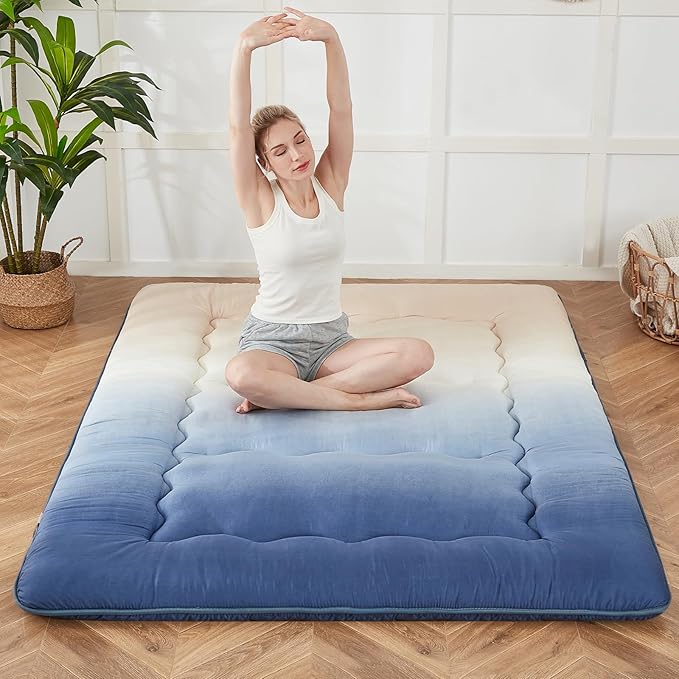 Japanese Floor Mattress, Futon Mattress with Portable Storage Bag and Washable Cover, Roll Up Thick Tatami Mat Suitable for Camping, Guest Room (Coastal Gradient, Twin) - Bloomnest