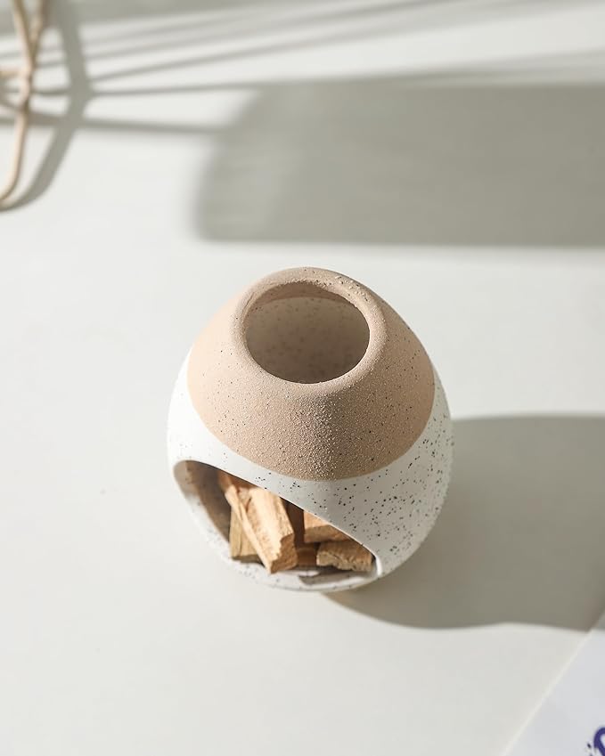 Palo Santo Holder Burner, Handcrafted Ceramic Incense Holder Burner and Ash Catcher for Palo Santo Sticks or sage Bundles, Smudge Bowl, Meditation Home Decor (White Yellow) - Bloomnest