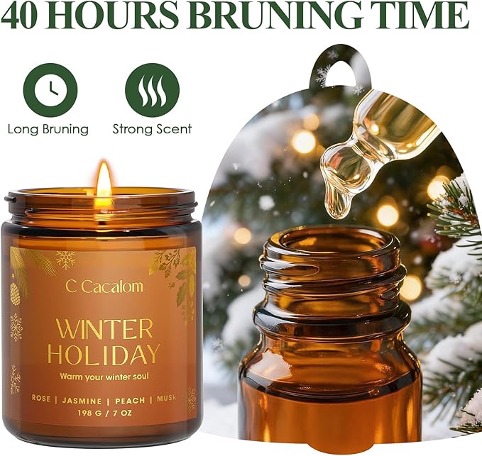 Christmas Soy Candles for Christmas Home Decor Non-Toxic Aromatherapy Scented Candles for Holiday Christmas Gifts, Cozy Cute Jar Candle, Winter Candle for Women Men, Winter Holiday Jasmine Rose Candle - Bloomnest