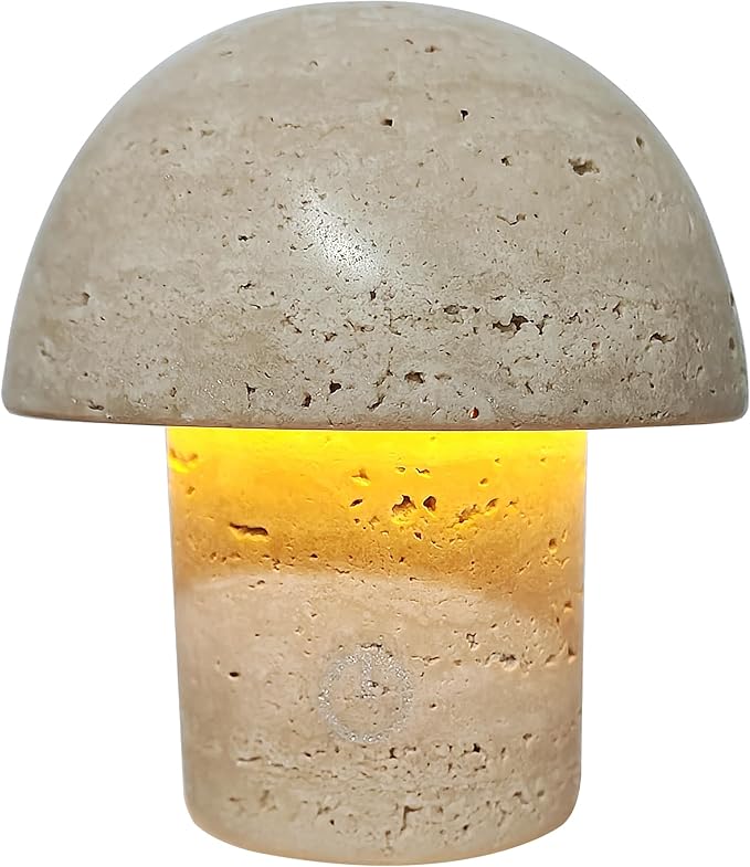 Natural Stone Mushroom Lamp - Handcrafted Travertine Night Light, Rechargeable with Type-C, Dimmable LED Accent Light for Bedroom & Living Room - Bloomnest