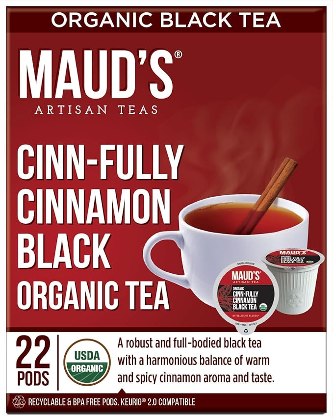 Maud's Organic Cinnamon Black Tea Pods, 22 ct, Recyclable Single Serve Tea Pods – 100% Gourmet Blended Tea Leaves, Compatible with Keurig K Cups Maker - Bloomnest