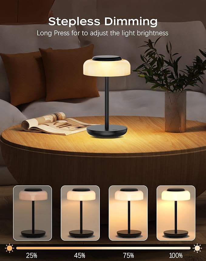 QiMH Battery Operated LED Table Lamp, 5000mAh Rechargeable Cordless Lamp, Stepless Dimmable Touch Control, Small Waterproof Desk Night Light for Living Room, Bedroom, Outdoor Bar (Black) - Bloomnest