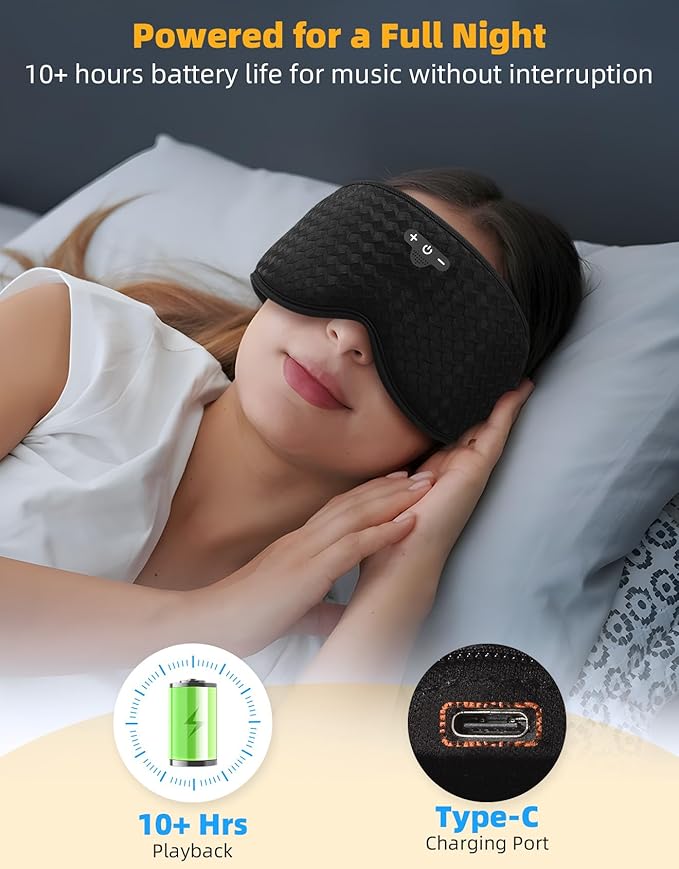 3D Contoured Sleep Mask with Bluetooth Headphones, Adjustable Blackout Sleeping Mask, Easy Installation Sleeping Headphones with Ultra-Thin Stereo Speakers for Men, Women - Black - Bloomnest
