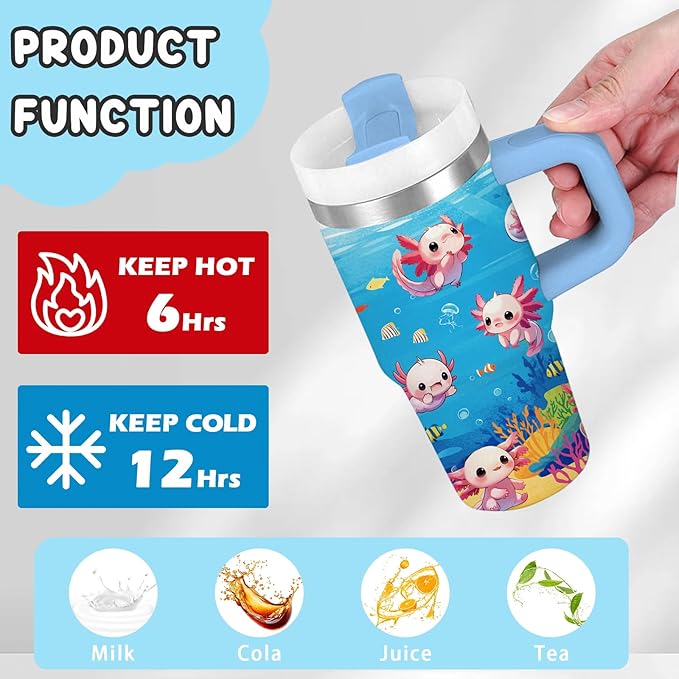 Axolotl Gifts for Girls - 14oz Blue Kids Axolotl Tumbler with Handle and Straw, Stainless Steel Insulated Water Cup, for Sport, School, Travel - Axolotl Lovers Gift for Children Birthday Gift Cup(1pc) - Bloomnest