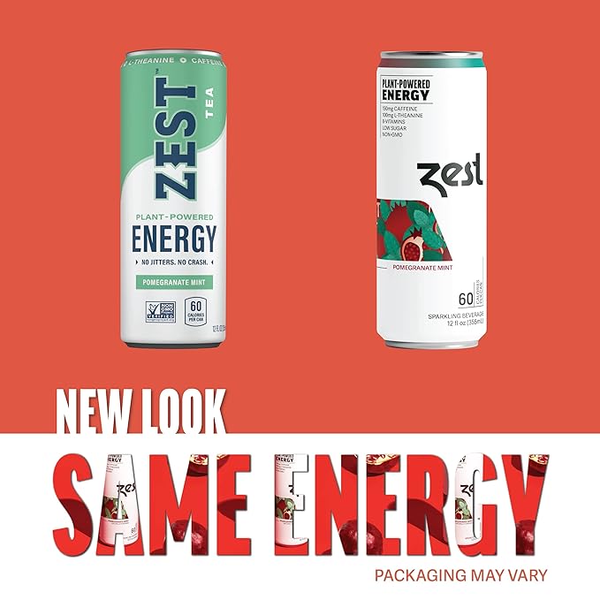 Zest Clean Energy Drink – Pomegranate Mint – 150mg Caffeine + 100mg L-Theanine – Natural Focus & Concentration Boost – Healthy Energy Drink 12oz Can 12 Pack – Low Sugar, No Artificial Sweeteners - Bloomnest