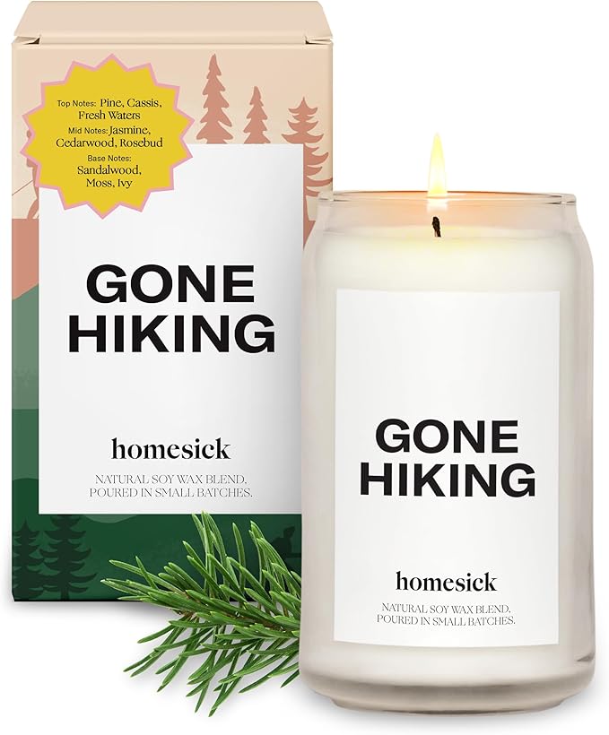 Homesick Scented Candles for Home (Gone Hiking) - 13.75 oz Long-Lasting Natural Soy Wax Blend Jar Candle Gifts for Women & Men, 60-80 Hours Burn Time - Notes of Pine, Jasmine & Sandalwood - Bloomnest