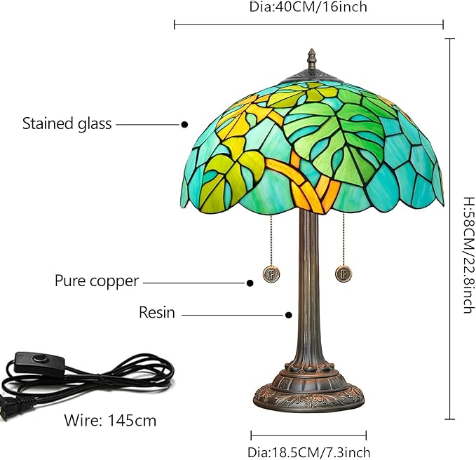 Tiffany Table Lamp Monstera Deliciosa Stained Glass Lamp Antique 16 inch Monstera Swiss Cheese Plant Handmade Large Desk Light for Home Living Room Bedroom Office - Bloomnest