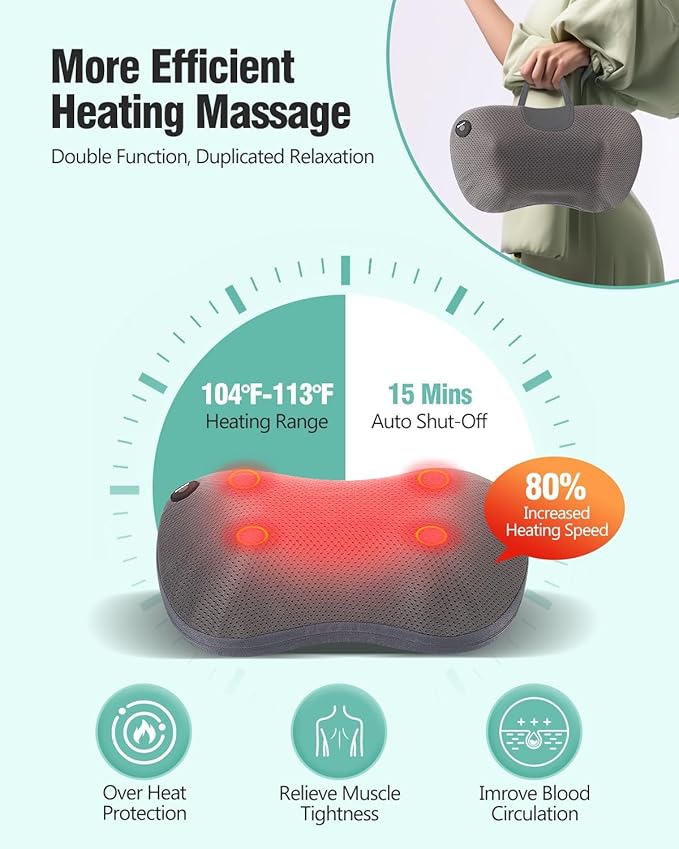 Back Massager Pillow for Pain Relief Deep Tissue - Shiatsu Kneading Neck and Shoulder Massager with Heat - Protable Electric Massage Pillow with Carry Handle - Gift for Women/Men - Bloomnest