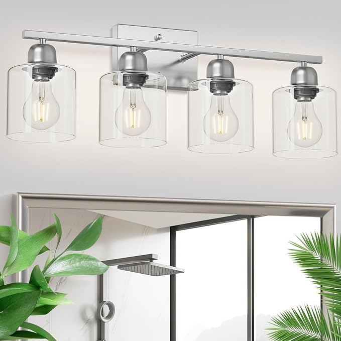 Modern Brushed Nickel 4 Light Bathroom Light Fixtures, 24 inch Vanity Lights for Bathroom with Clear Glass for Mirror Kitchen Living Room Hallway Cabinet Porch - Bloomnest