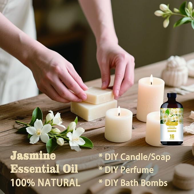 Jasmine Essential Oil-Jasmine Fragrance Oil 16.33oz (490ml)-100% Pure Natural Scent for Diffusers, Candles, Soap Making & Aromatherapy-Relaxing Home & Gift Essential Oil for Bath, Massage MLYNKLESSENTIALOILS
