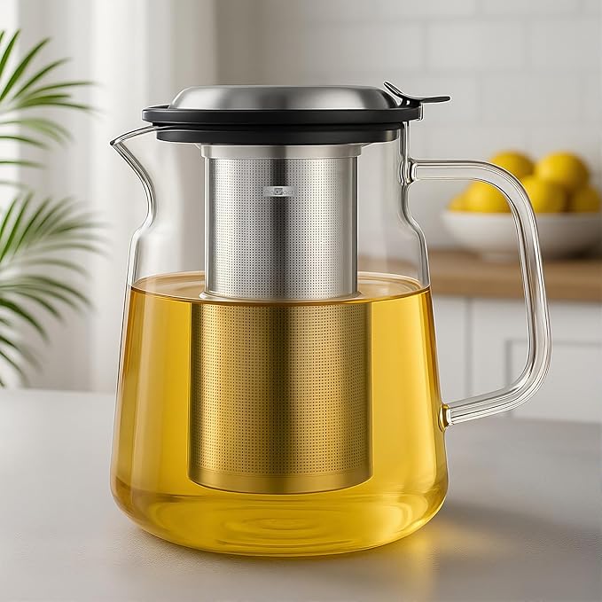 Aquach Glass Teapot with Removable Infuser - 57oz Borosilicate Tea Pot for Stovetop & Cold Brew, Stainless Steel Filter for Loose Leaf/Iced Tea - Bloomnest