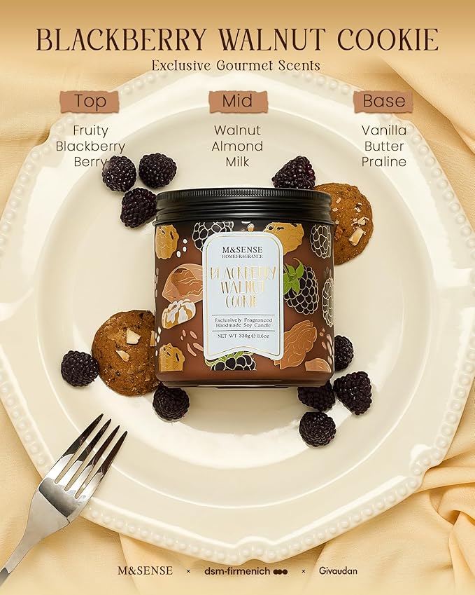 M&SENSE BlackBerry Walnut Cookie Scented Candle, Soy Wax 11.6oz 70 Hours Non Toxic Slow Burn, Fruity Nutty Bakery Fragrance, Holiday Jar Candle for Home Decor, Relaxing Aromatherapy Gifts for Women - Bloomnest