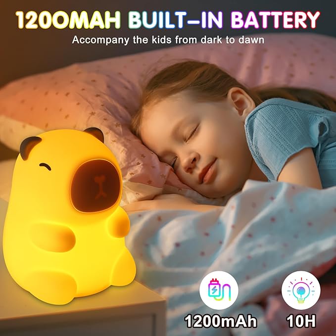 Night Light for Kids, 7 Color Changing BPA-Free Silicone Lamp with Touch Control, Eye Protection, Rechargeable Battery, Soft & Safe Nursery Lamp for Boys & Girls (Turtle Backpack Capybara) - Bloomnest