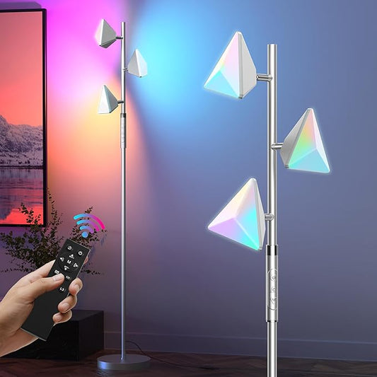 PARTPHONER RGB Tree Floor Lamp for Living Room, Stepless Dimmable Tall Standing Lamp with Remote, Touch Control and 3 Rotatable Light, Bright LED Lights for Bedroom with 4 Color-Changing, Sliver - Bloomnest
