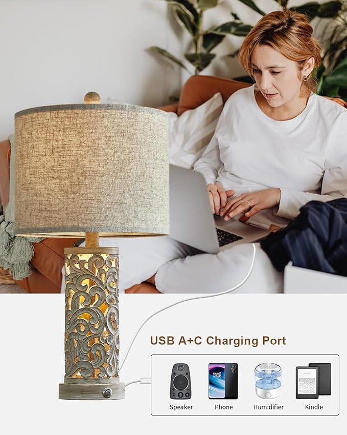 OYEARS 3-Way Dimmable 22'' USB A+C Touch Control Table Lamp with Nightlight for Living Room Bedroom Farmhouse Bedside Nightstand Lamps (Bulb Included) - Bloomnest