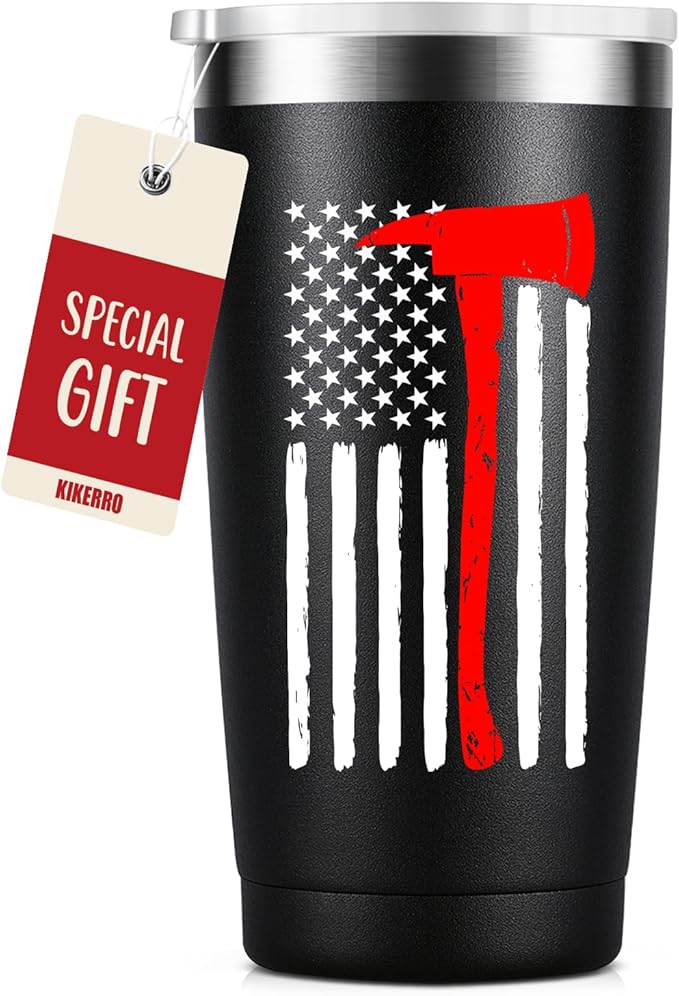 Thin Red Line Firefighter Gifts for Men, Fireman, Fire Fighter Department Team Essentials Coffee Mug Cup - 20oz Insulated Stainless Steel Tumbler, Black - Bloomnest