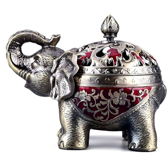 K COOL Metal Backflow Incense Holder Elephant Cone Incense Burner Candle Holder with Lid, Aromatherapy Ornament Home Office Decoration for Indoor Outdoor (Red) - Bloomnest
