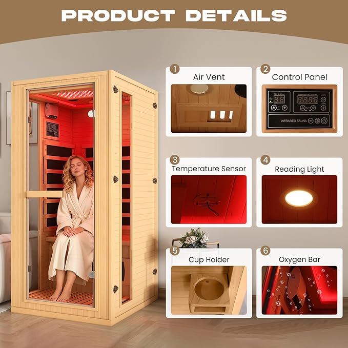1 Person Infrared Sauna with Red Light Therapy, Full Spectrum Sauna for Home, Indoor Dry Saunas with Rapid Heating 4 Carbon Panels and 1 Carbon Tube, Oxygen Bar and 7 Color Therapy Lights, 110V BNEHSDirect
