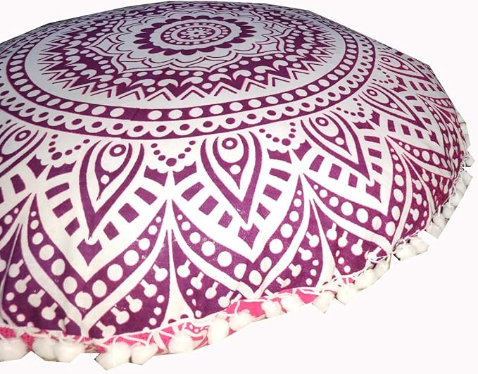 INDIAN CRAFT CASTLE 24" Pink Ombre Mandala Barmeri Large Floor Pillow Cover Cushion Meditation Seating Ottoman Throw Cover Hippie Decorative Zipped Bohemian Pouf Ottoman Pom Pom Cases 24" Round - Bloomnest