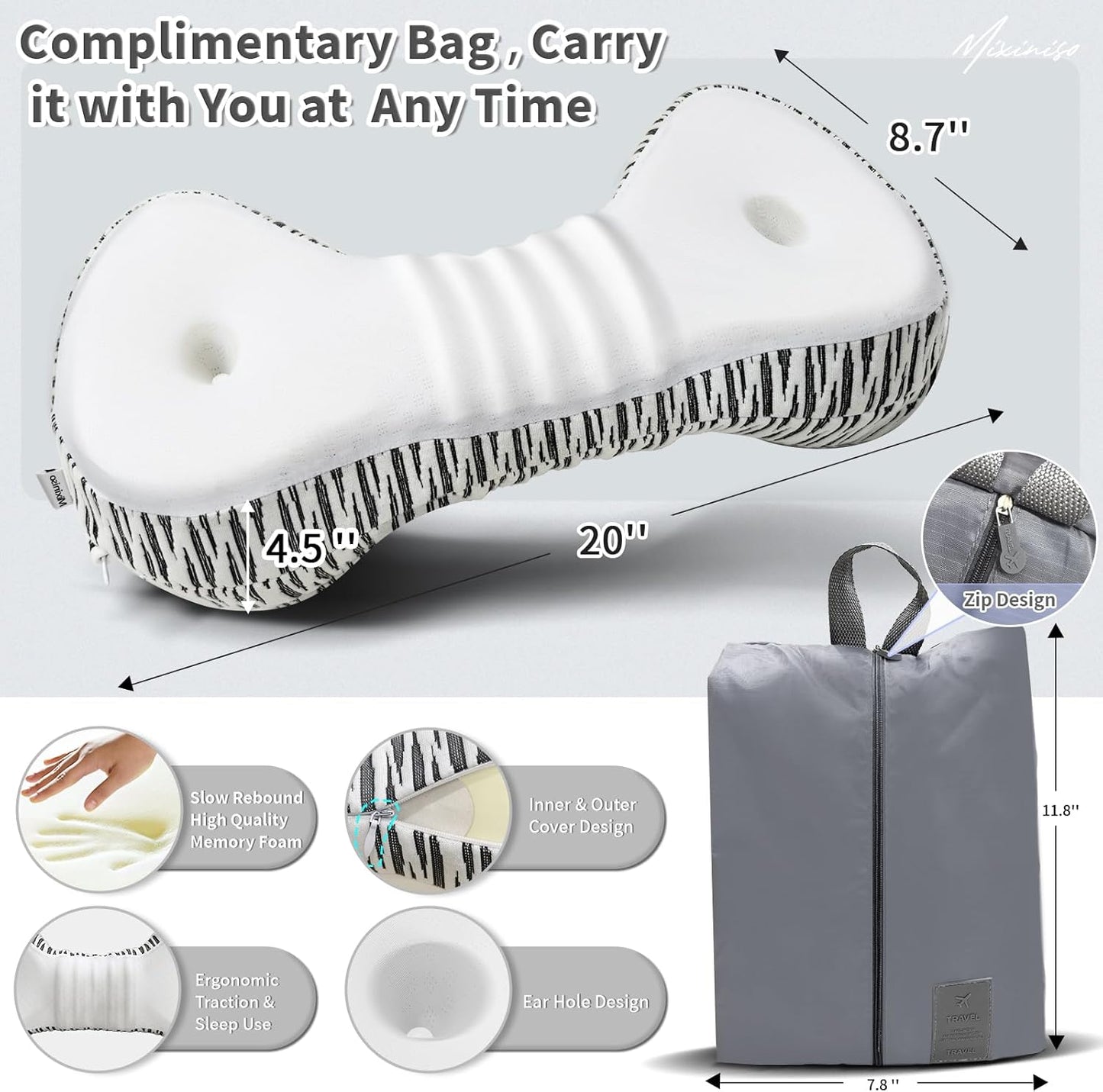 Neck Support Pillow, Cervical Neck Roll Memory Foam Pillow, Cervical Traction Device, Neck Pillow for Side Sleepers, Camping & Travel Pillow with Portable Bag