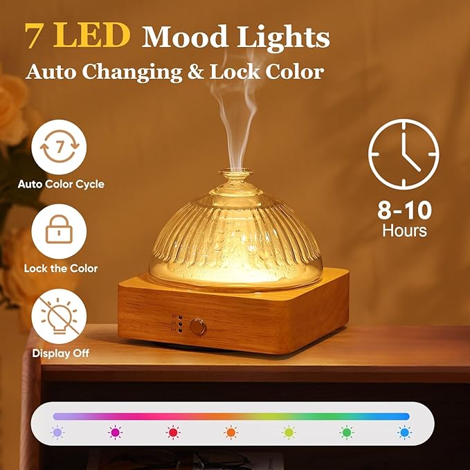 Glass Essential Oil Diffuser with Glass Reservoir & WoodBase, 200ml Ultrasonic Lock Color Timer Auto-Off 7 Color Light Aroma Glass Dome Diffuser for Home Office Bedroom Yoga - Bloomnest