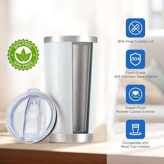OMTech 20oz Tumblers Bulk, 12pc Stainless Steel Tumbler Set with Lid & Straw, Double Wall Vacuum Insulated Mug for Laser Engraver, Travel Coffee Mug for Hot & Cold Drinks, White Powder Coated Cup - Bloomnest