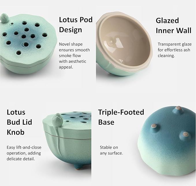 Zen Incense Burner with Lotus Lid Design (Lake Blue), Ceramic Incense Holder for Bakhoor, Stick, Powder, Cone, Coil, and Tower Incense, Home Fragrance Decor - Bloomnest