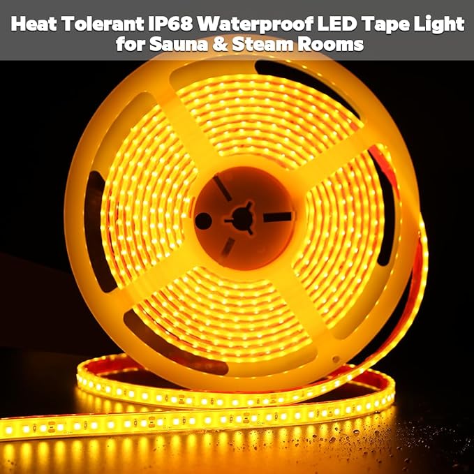 SuperlightingLED DC24V Warm Amber Gold Sauna LED Tape Light 2000K, 5m 16.4ft Long Dense 600 LEDs Flexible Customizable High-Heat Resistant LED Strip Lights IP68 Submersible (Amber Gold) Bloomnest