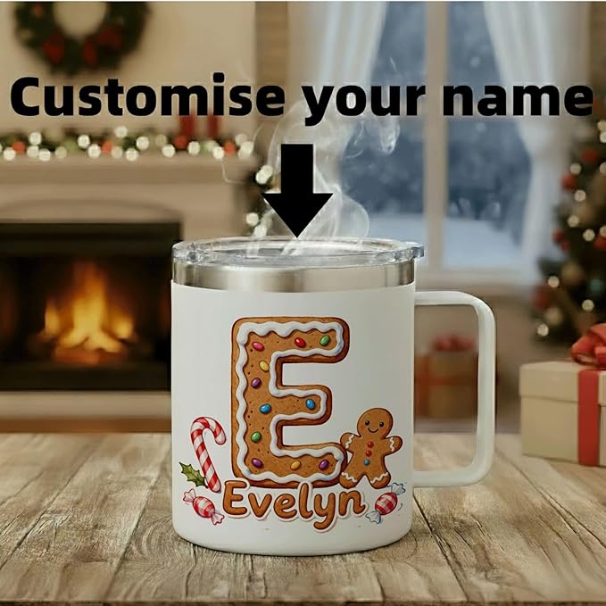 Personalized Christmas Mug | Custom Gingerbread Initial Insulated Coffee Cup with Handle & Lid | 12oz Holiday Tumbler, Cute Stocking Stuffer Gift for Women & Kids (B01) - Bloomnest