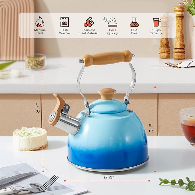 ROCKURWOK Tea Kettle, Tea Pot with Cool Touch Ergonomic Handle, Teapot Food Grade Stainless Steel, Tea Kettle Stovetop, Kettle Teapot, Whistling Tea Kettle, Small Tea Pot, 1.6 Quart (Blue) - Bloomnest
