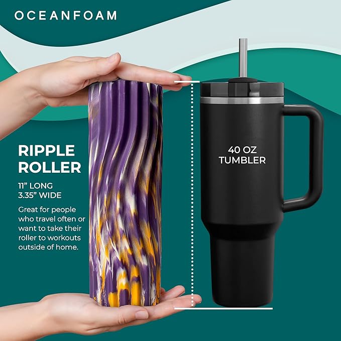 Oceanfoam Ripple Travel Foam Roller (11" x 3.35") Firm Mini Foam Roller for Physical Therapy, Deep Tissue Massage, Back Pain - High Density, Wave Textured - Yoga (Purple, Gold & Natural Marbled)