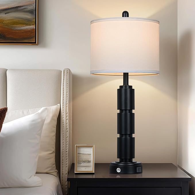 Set of 2 Modern Table Lamps for Living Room Bedroom,29" Tall Bedside Lamp with 2 USB Port,Black Metal Touch Nightstand Lamp for Desk End Side Table Entryway,Black - Bloomnest