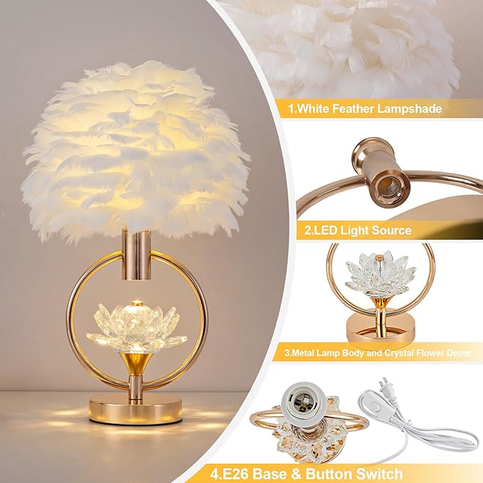 ZYLEIESENBAO Chic White Feather Lamp 17IN Modern Crystal Fluffy Table Lamp Cute Romantic Bedside Nightstand Light Nordic Furry Desk Lamp for Girl Bedroom Living Room Entry Office Hotel Party Wedding - Bloomnest