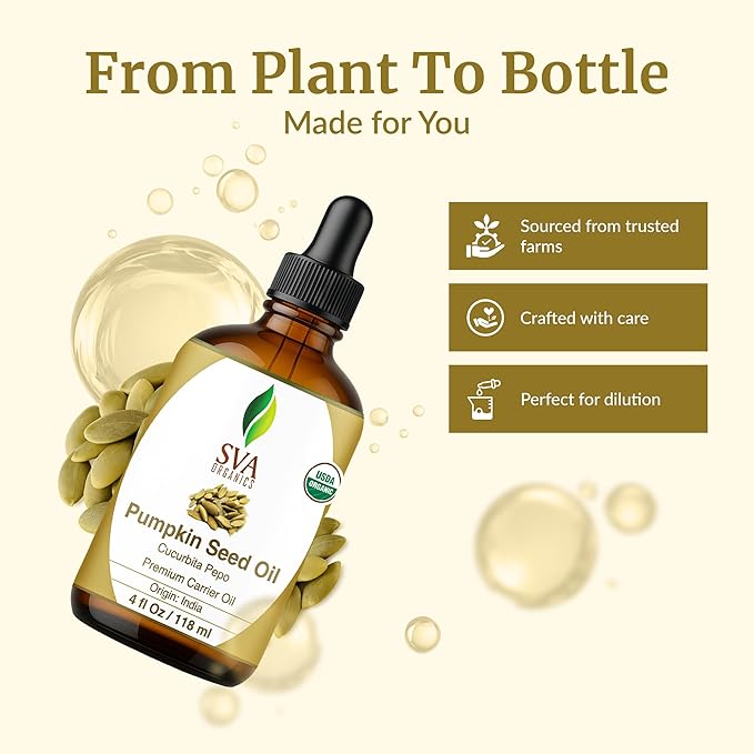 SVA Pumpkin Seed Oil Organic - 4 Fl Oz – 100% Natural Cold Pressed Organic Pumpkin oil - for Face, Skin Care, Hair Care, Scalp Massage & Body Massage – Carrier Oil with Dropper - Bloomnest